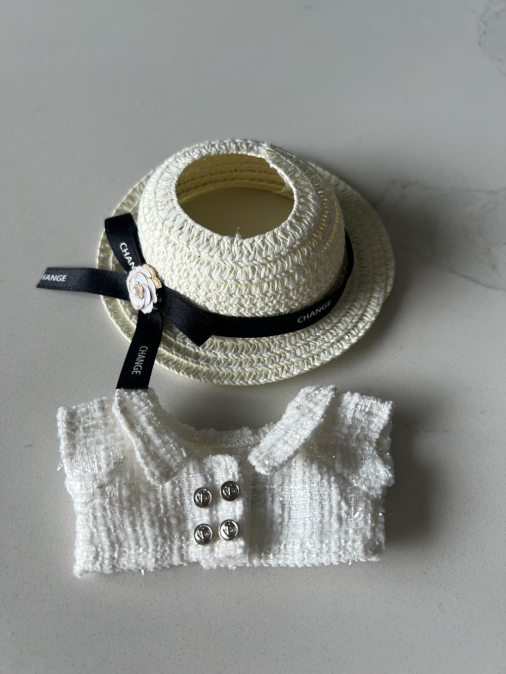 Labubu Cream Straw Hat with Black Branded Ribbon